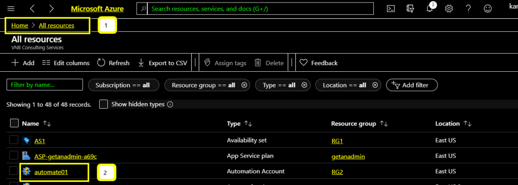 Go to All Resources in Azure VM Automation