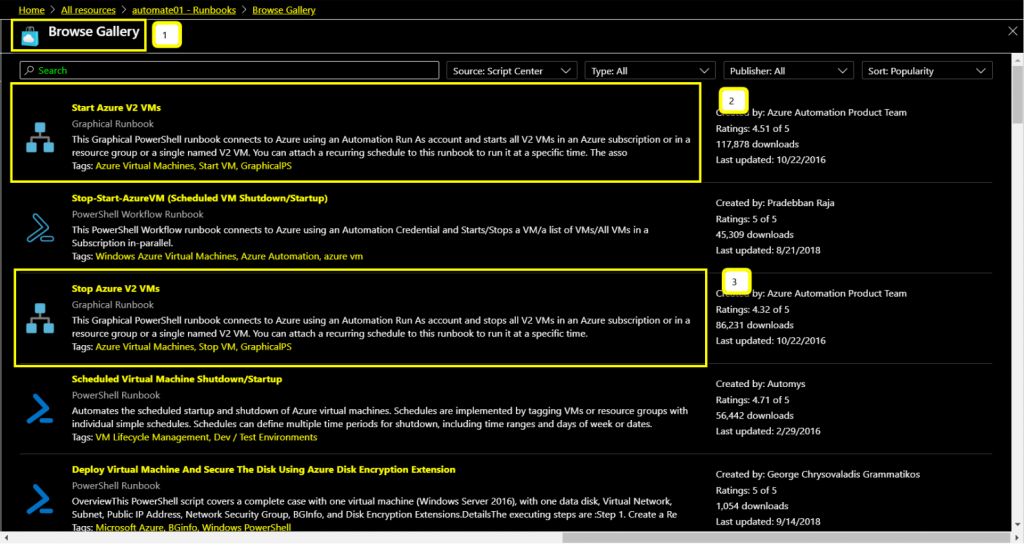 import Start Azure V2 VMs and Stop Azure V2 VMs runbooks for Azure VM Automation