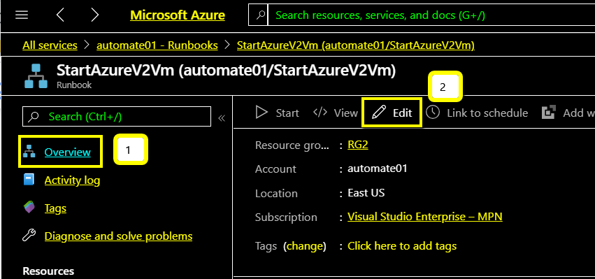 edit to publish StartAzureV2VM runbook