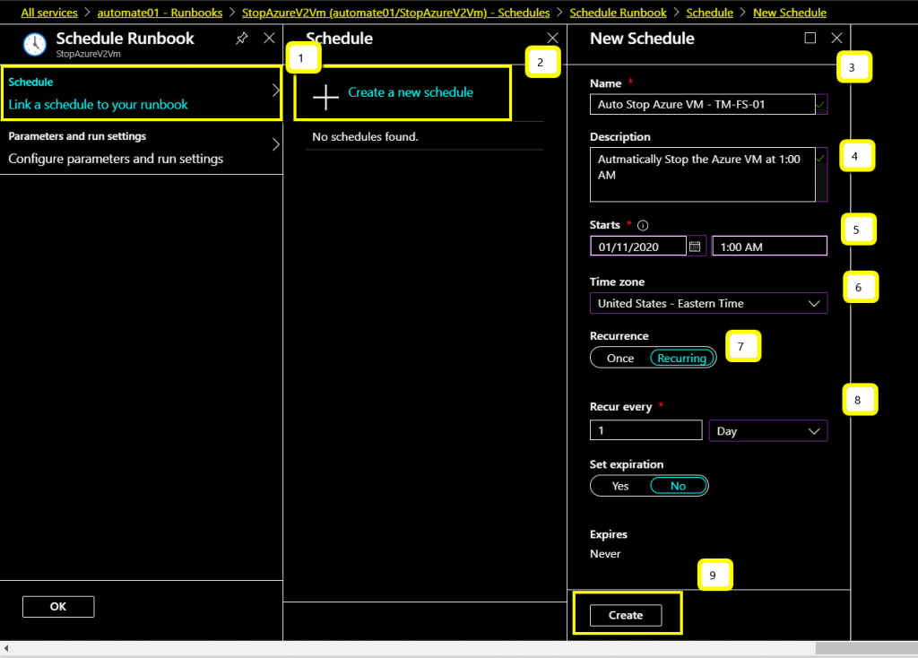 Link a Schedule to your runbook and Create New Schedule