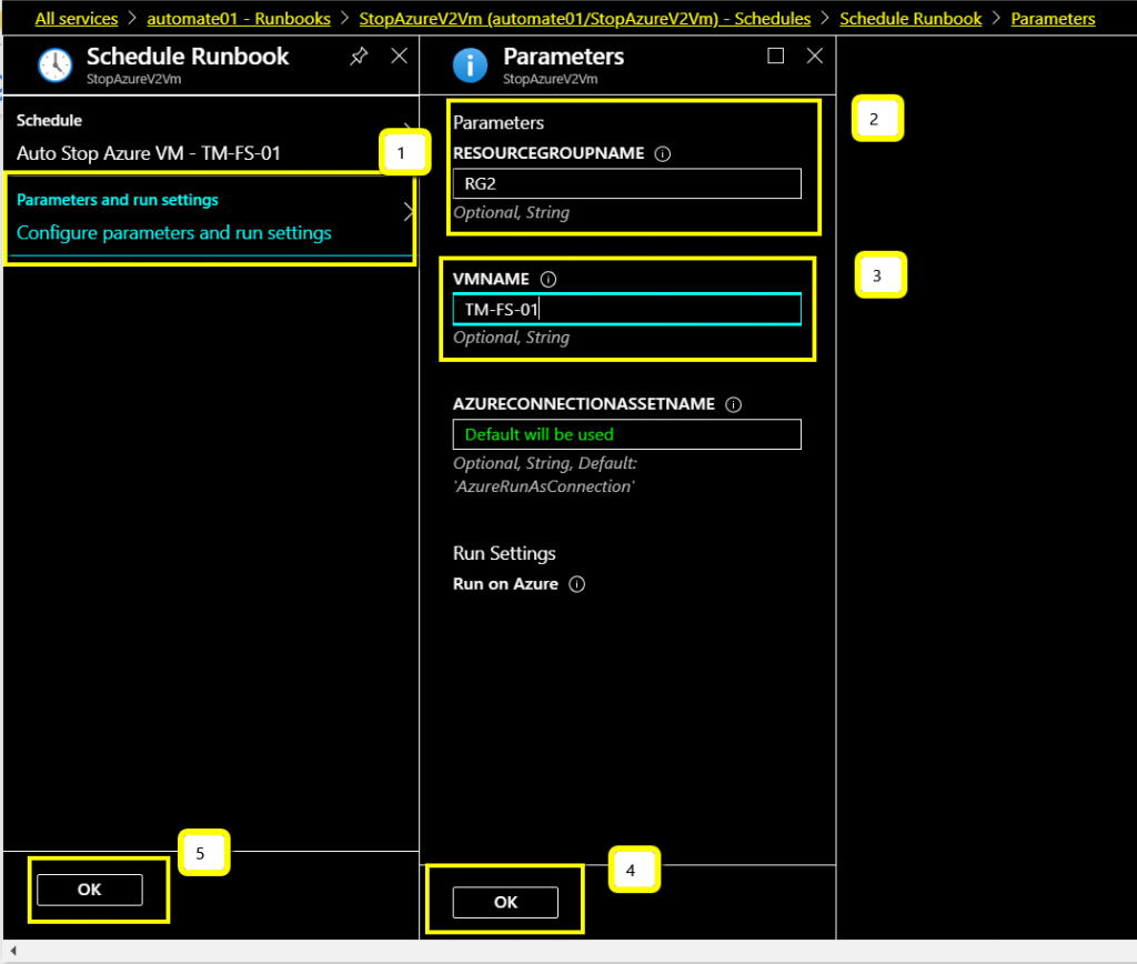 configure parameters and run settings for the VM