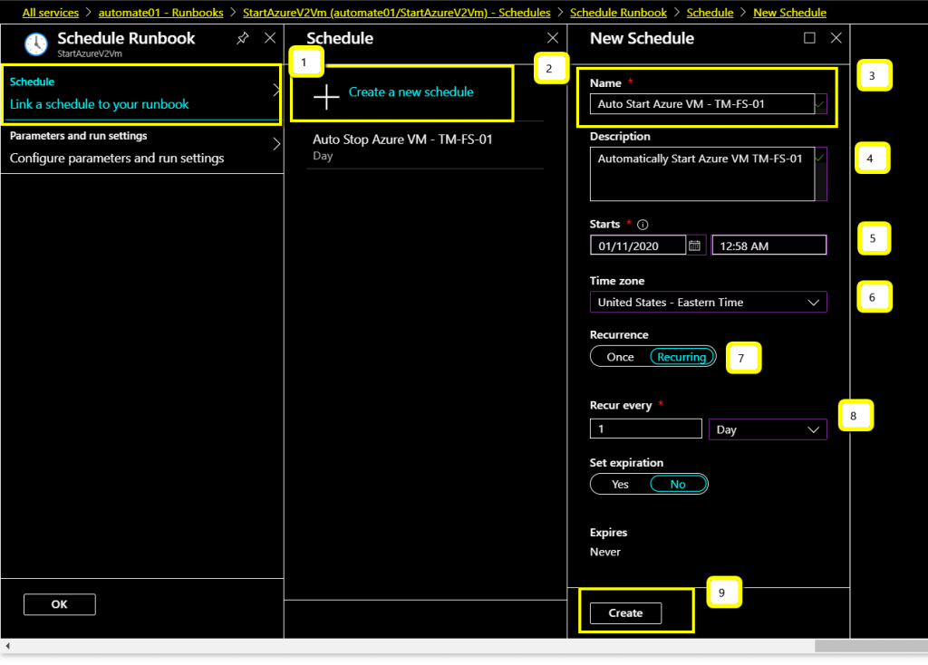  Link a schedule to runbook to automate Start the VM for Azure VM Automation