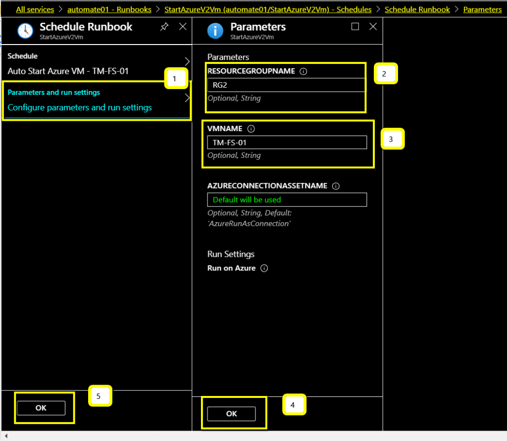 configure parameters and run settings for the VM