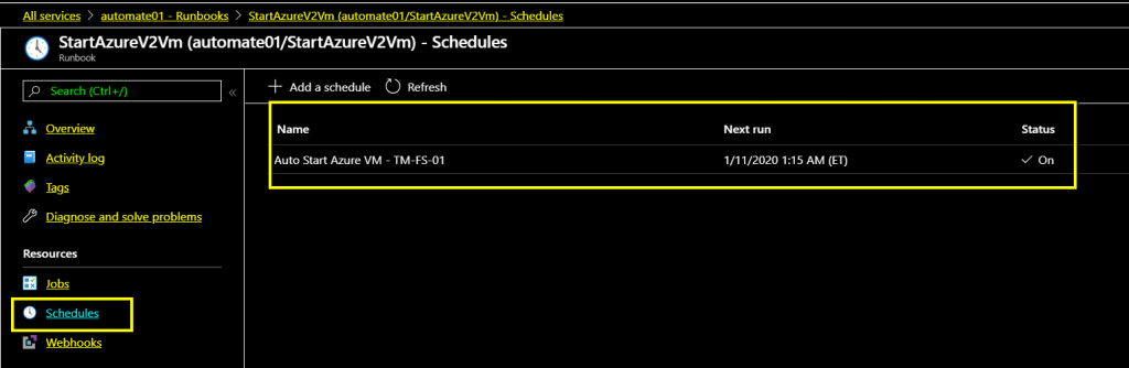 The StartAzureV2VM runbook has been scheduled and configured.